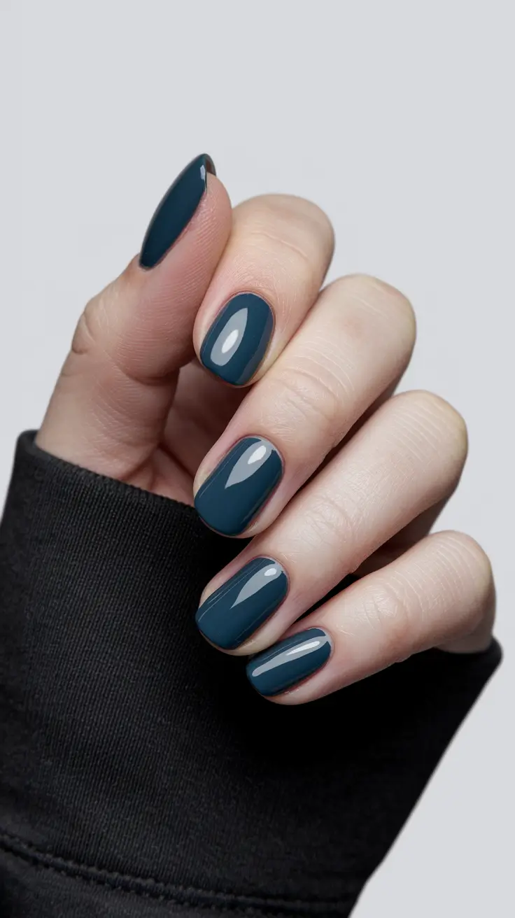 Round Fall Nails 2025 Designs – Inky Teal Minimal