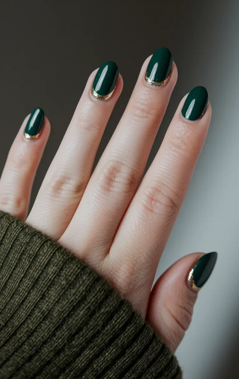 Round Fall Nails 2025 Designs – Emerald Half-Moon with Gold Kiss