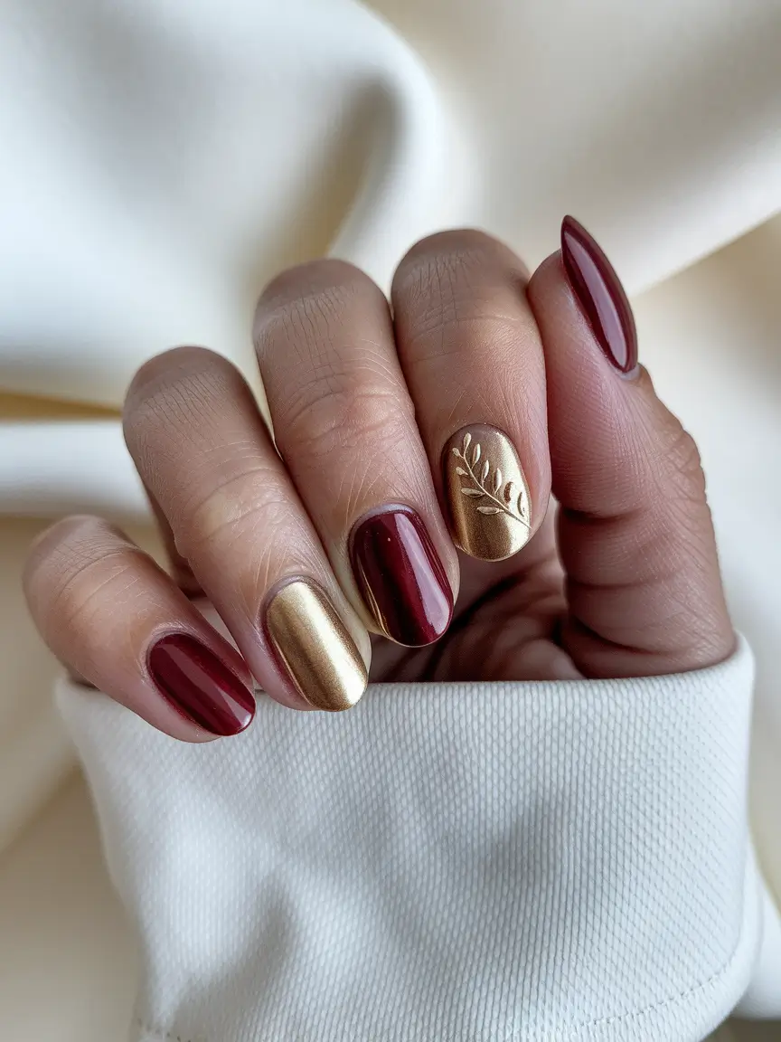 Round Fall Nails 2025 Designs – Garnet & Gold Mix with Botanical Accent