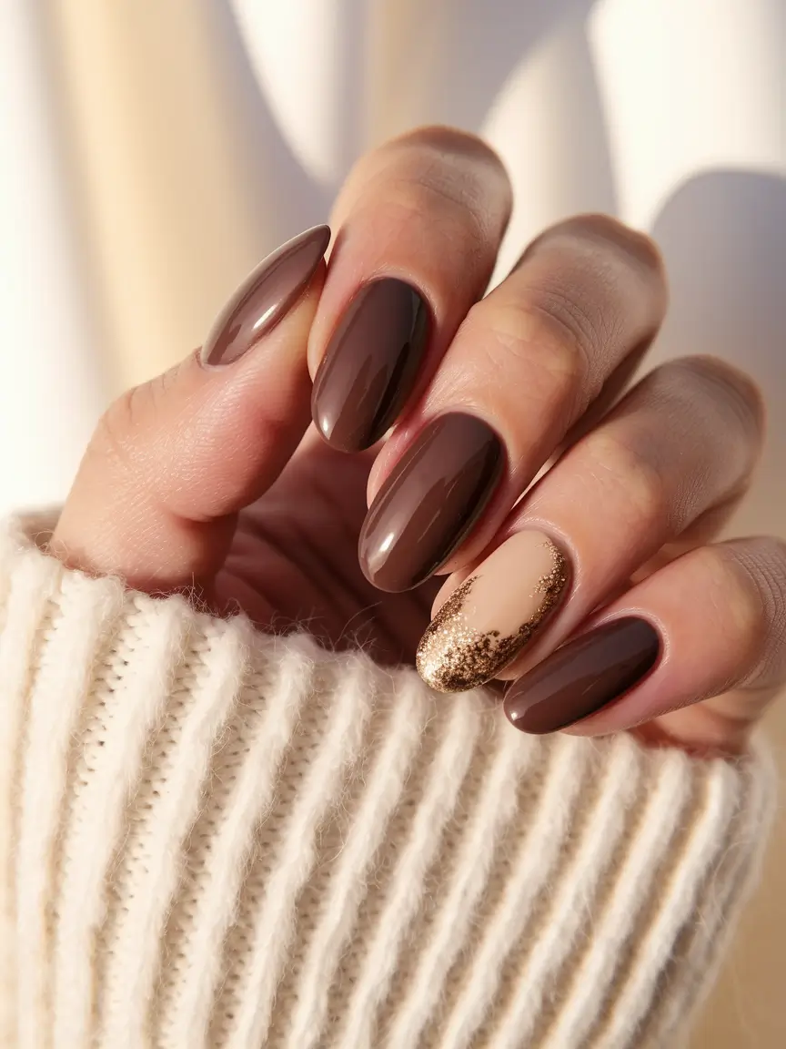 Round Fall Nails 2025 Designs – Mocha Glaze with Gilded Edge