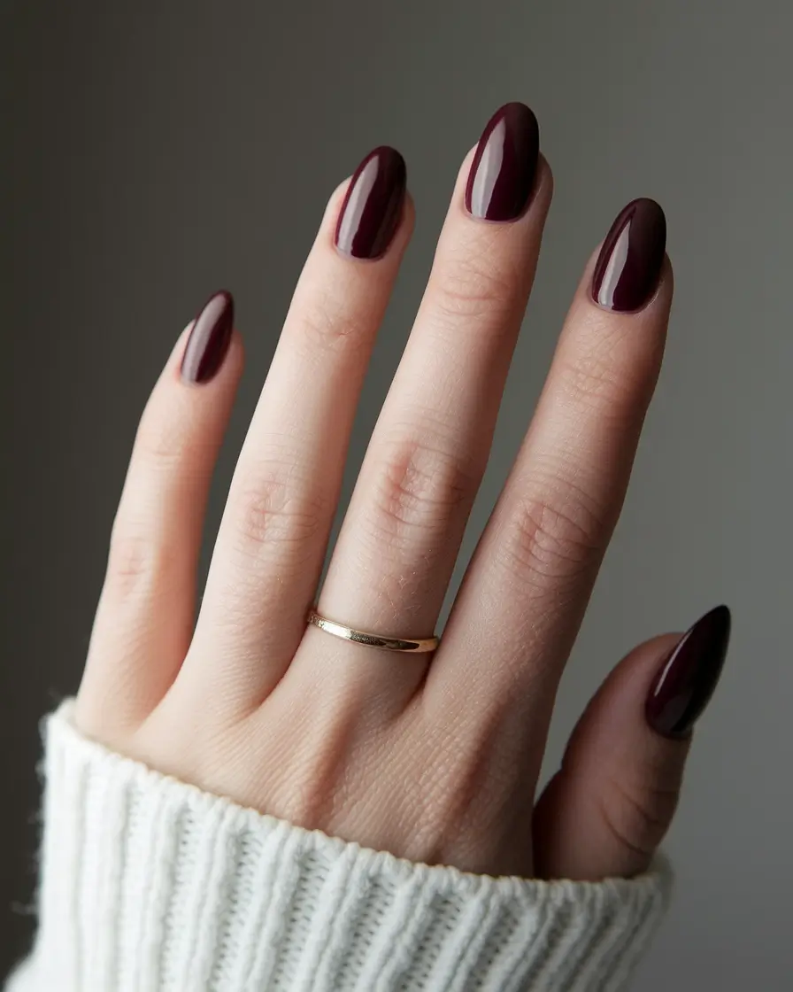 Round Fall Nails 2025 Designs – Black-Cherry Round Gloss