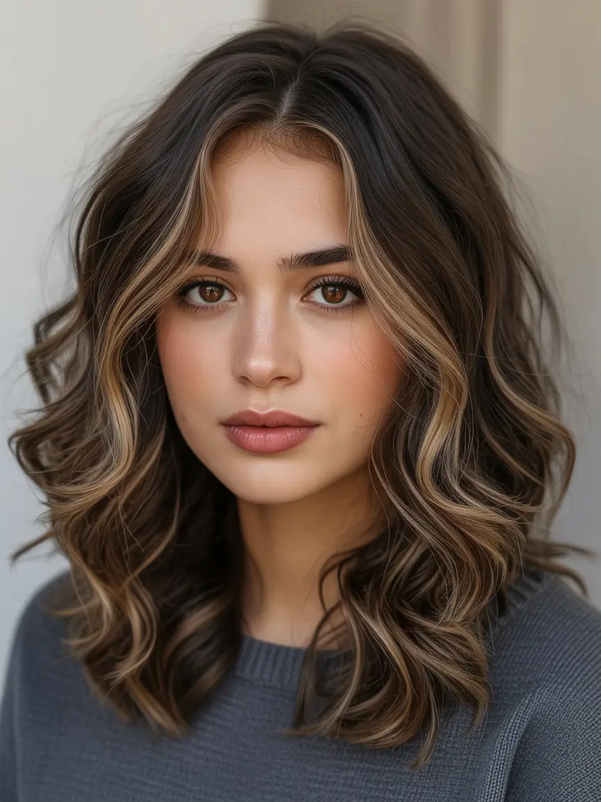 september hair color ideas - Caramel Framing on Deep Brunette Waves