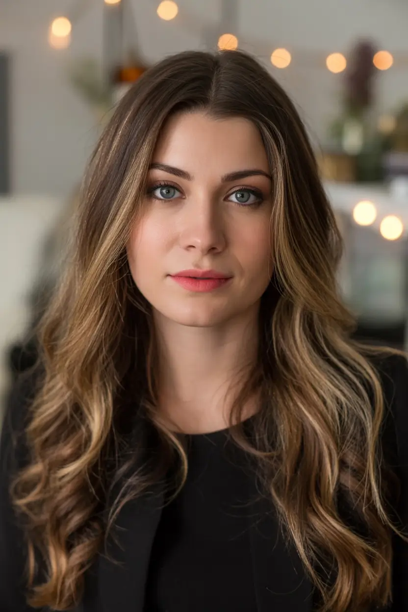 september hair color ideas - Chestnut Balayage with Golden Twist