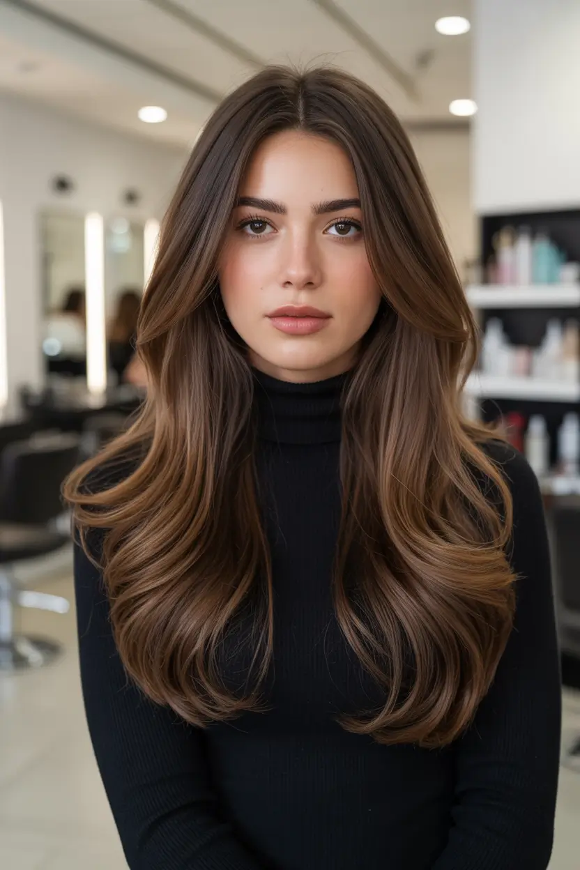 september hair color ideas brunette long - Dimensional Cocoa Layers for Soft Glam