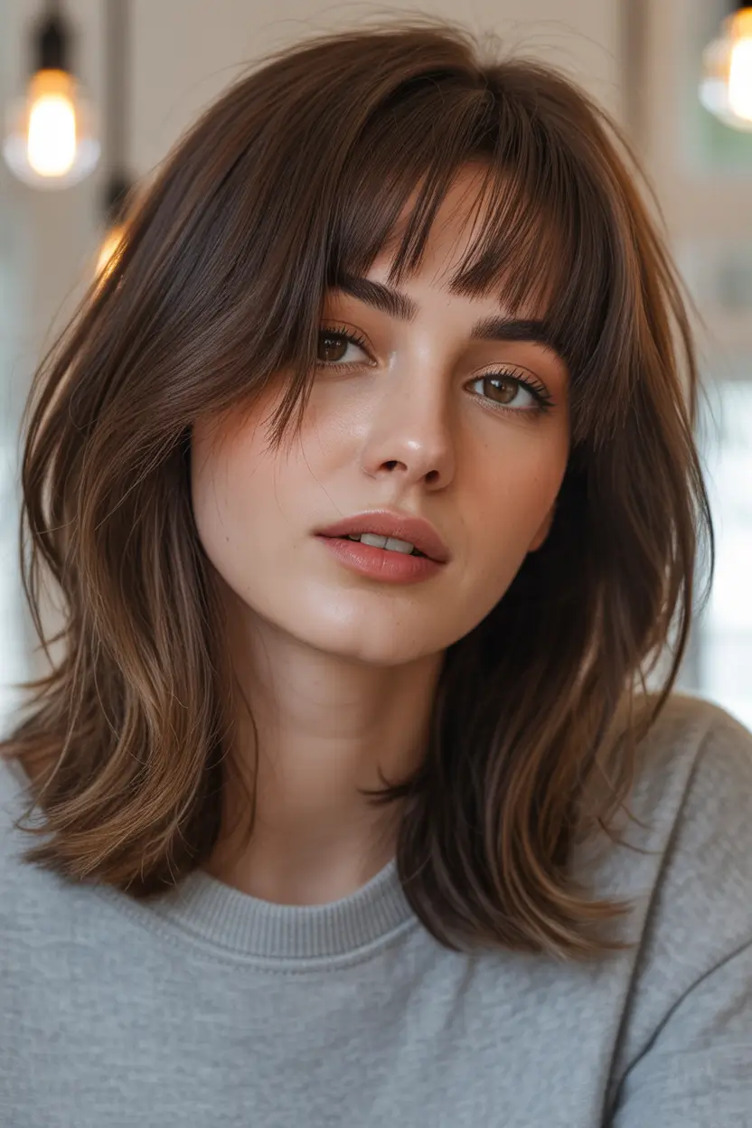 fall haircuts for medium hair Wispy Shag with Soft Curtain Bangs