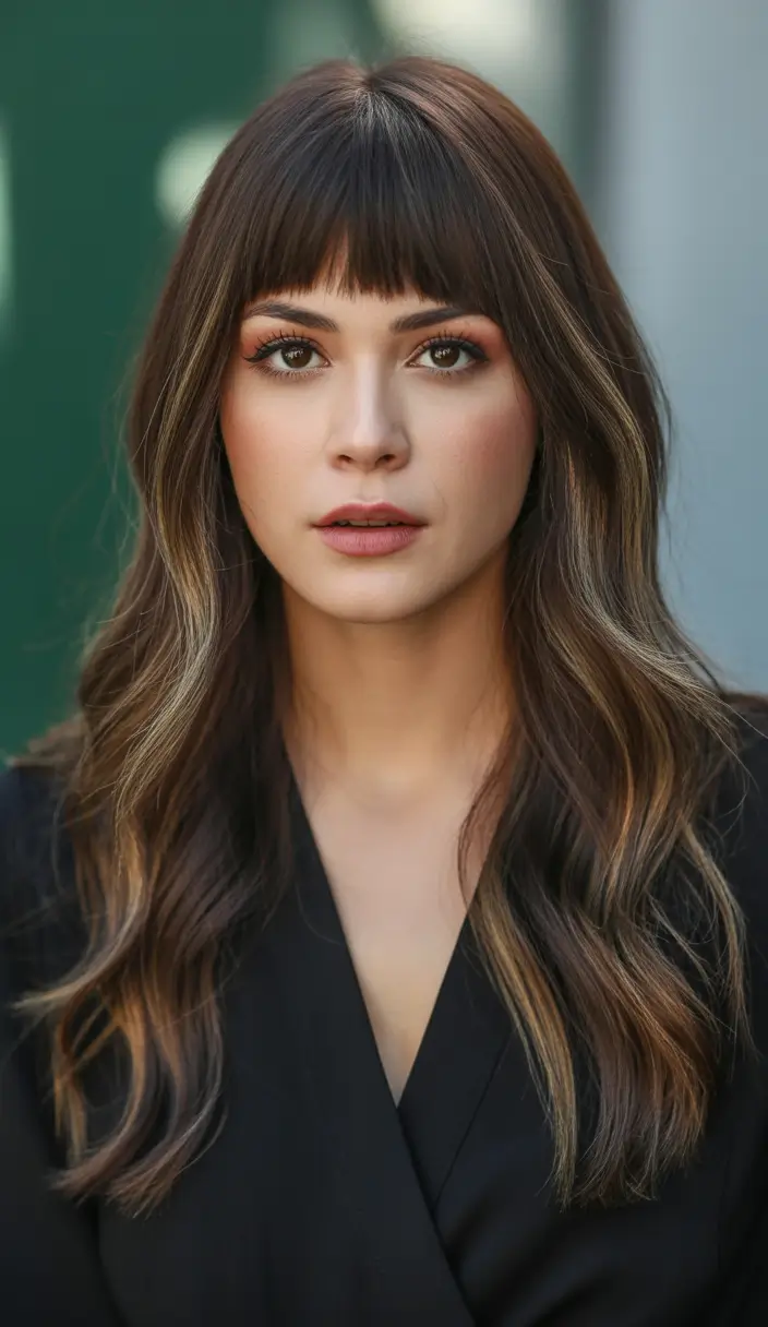 fall haircuts for round faces Blunt Bangs with Polished Chocolate Waves