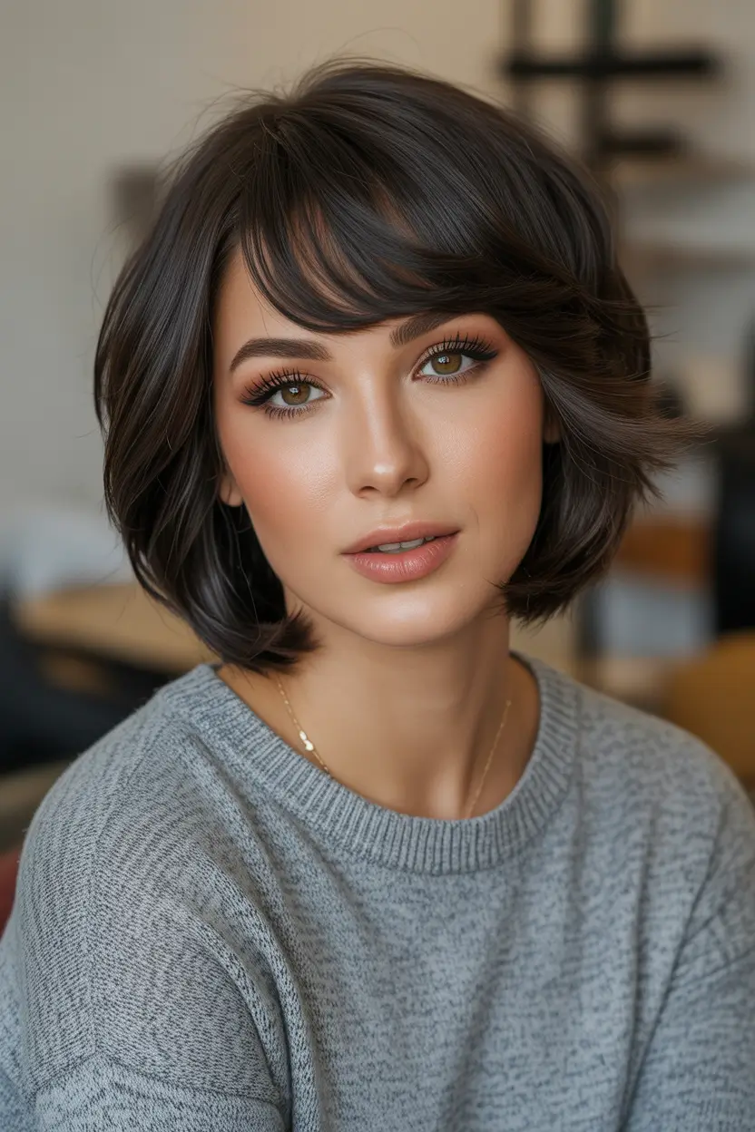 fall haircuts for medium hair Rounded Bob with Soft Curtain Bangs