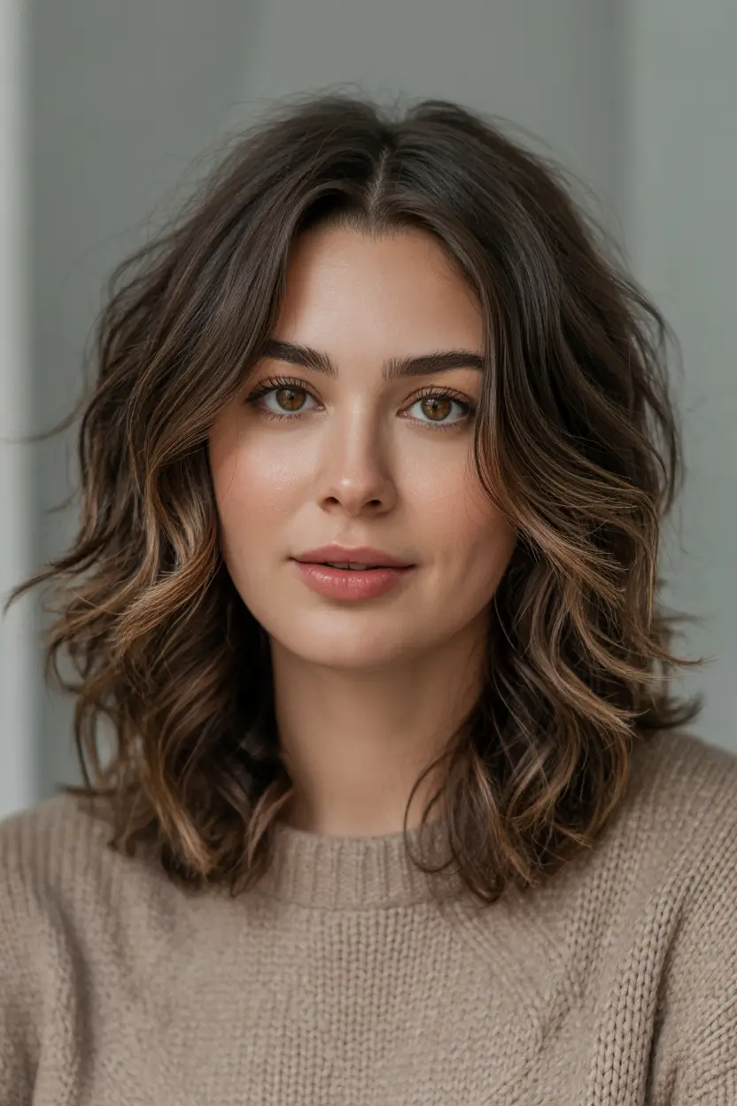 fall haircuts for wavy hair Undone Wavy Lob with Caramel Face Framing