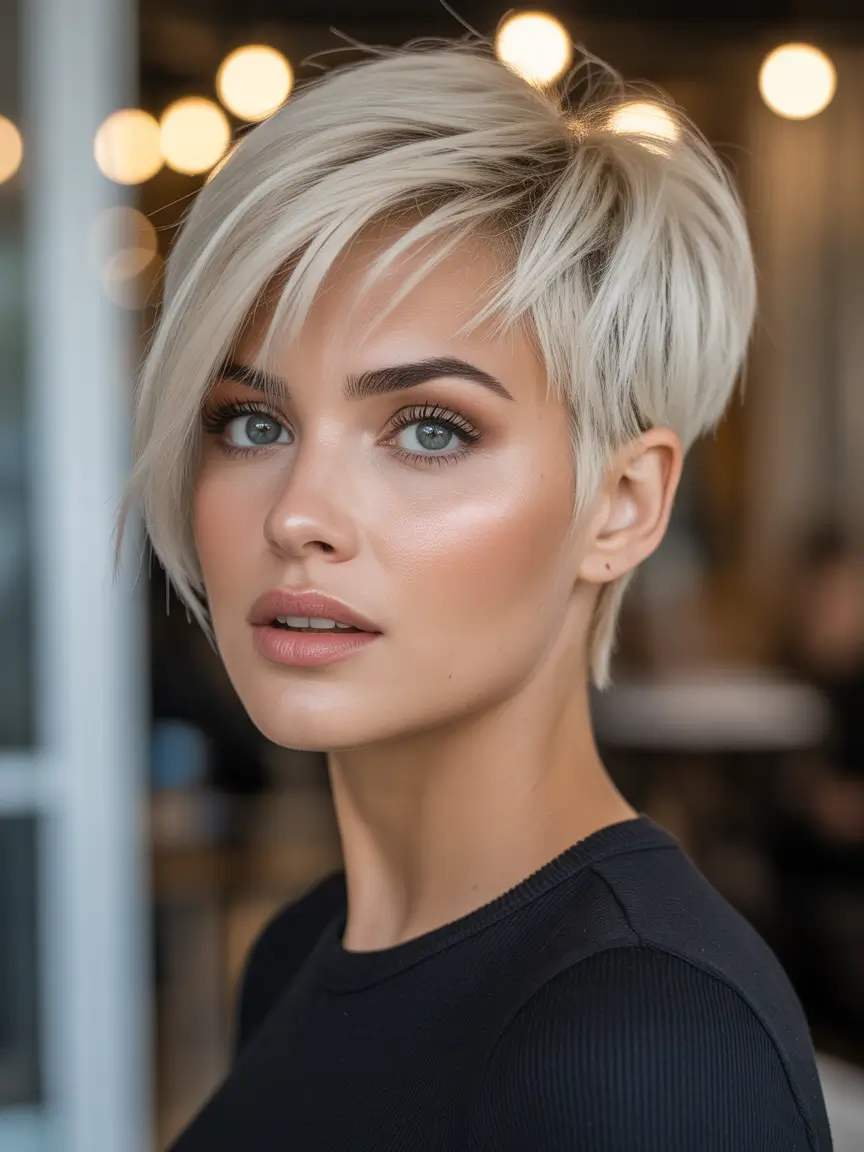 fall haircuts straight hair Side-Swept Platinum Pixie