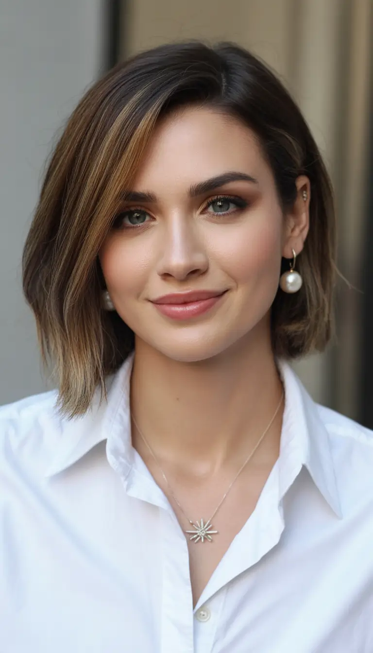 fall haircuts for round faces Modern French Bob with Side Part
