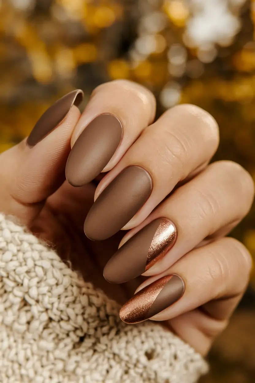 september nails color fall dip short Matte Mocha with Copper Flash