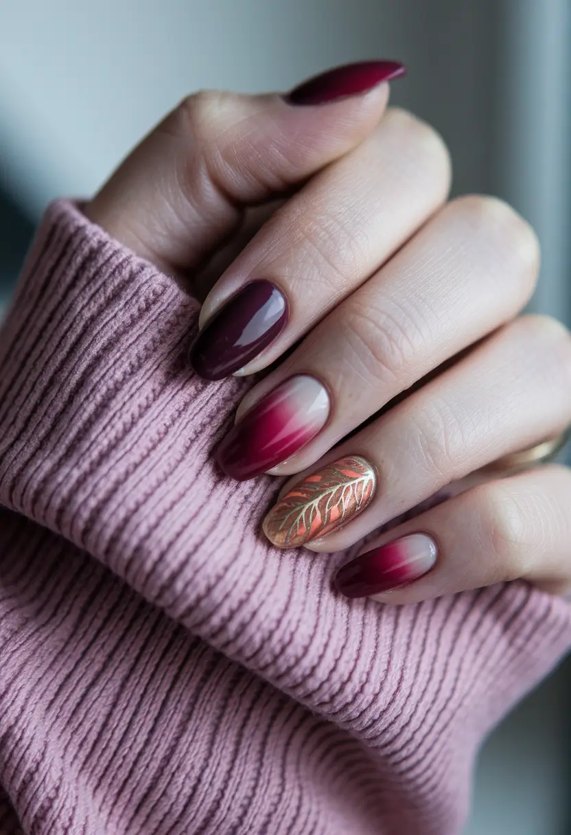 september nails color fall dip short Burgundy Fade with Copper Accent