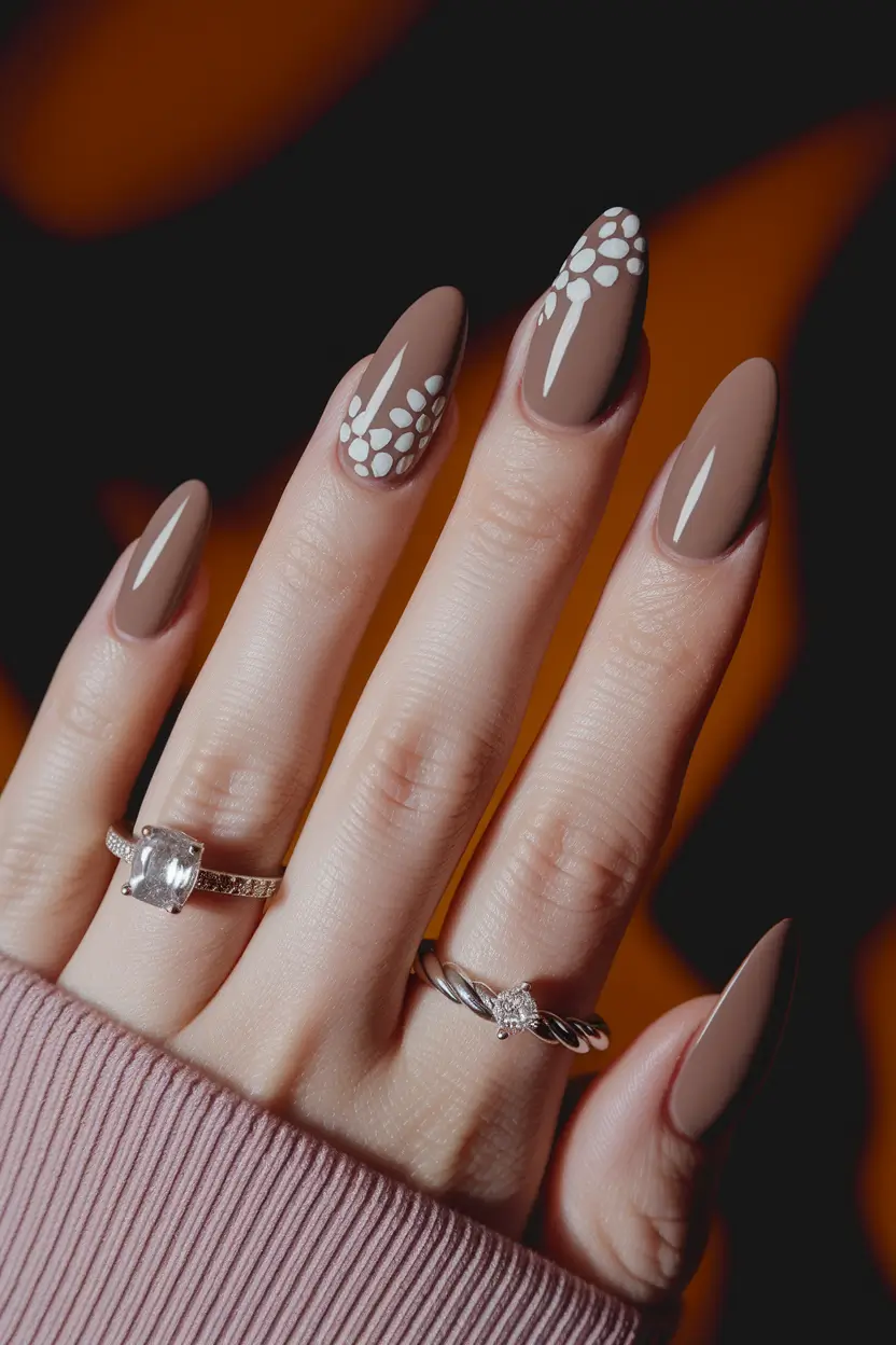 september nails designs almond Muted Cocoa Almond with White Petal Detailing