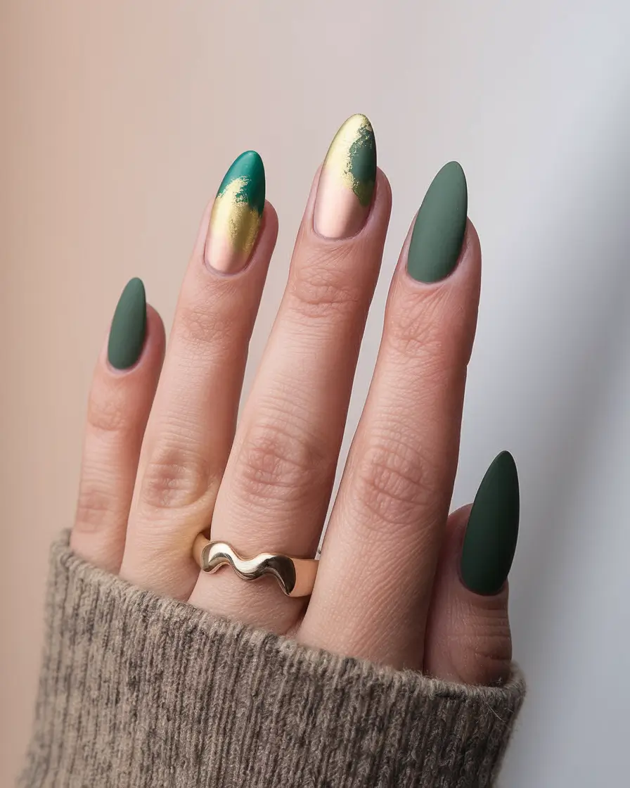 september nails designs almond Matte Forest Green and Metallic Fade Accent