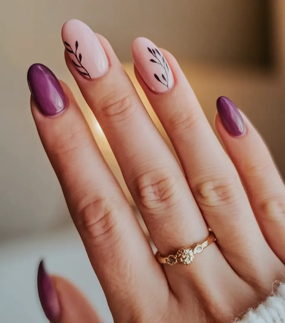 september nails designs simple Muted Plum & Blush Botanicals