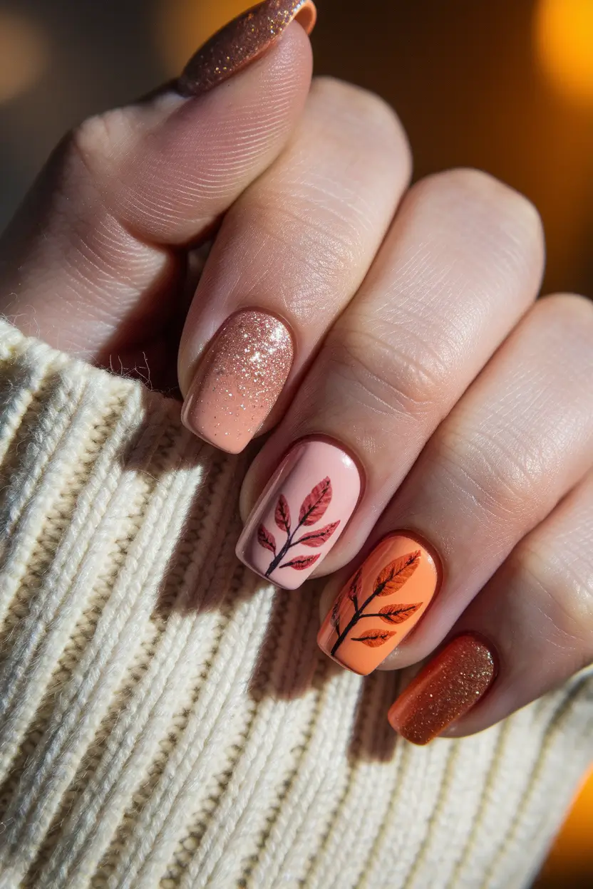 september nails designs short acrylic Shimmered Harvest Leaves on Pumpkin & Petal Hues