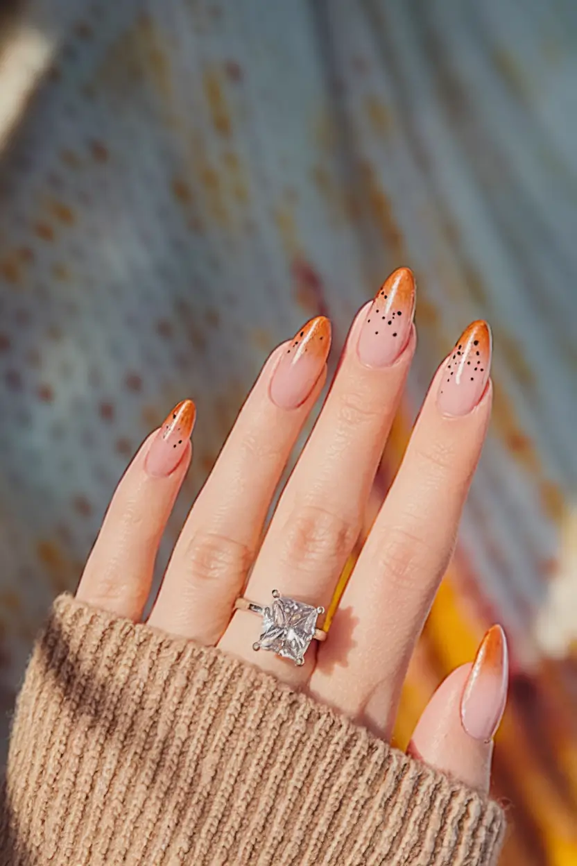 september nails designs stiletto Speckled Amber Tips on Almond Nude