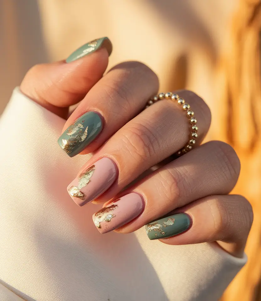 september nails designs short square Moss & Blush with Gold Foil Flecks