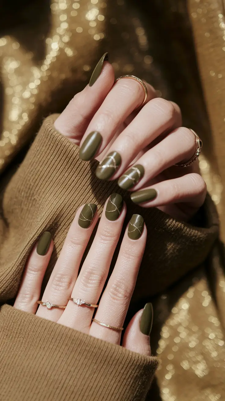 september nails designs fall Olive Matte Elegance with Gold Thread Lines