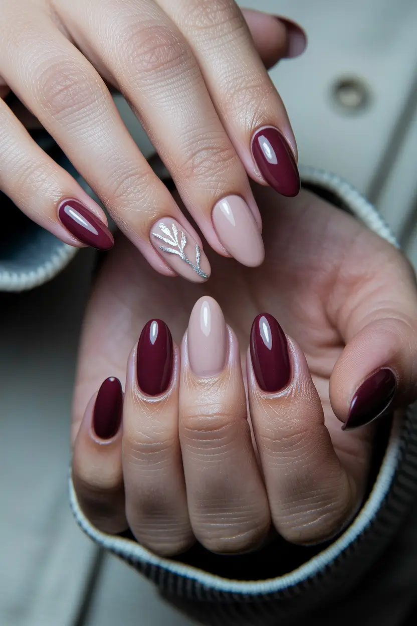 september nails designs red Plum & Nude Two-Tone with Silver Leaf Accent