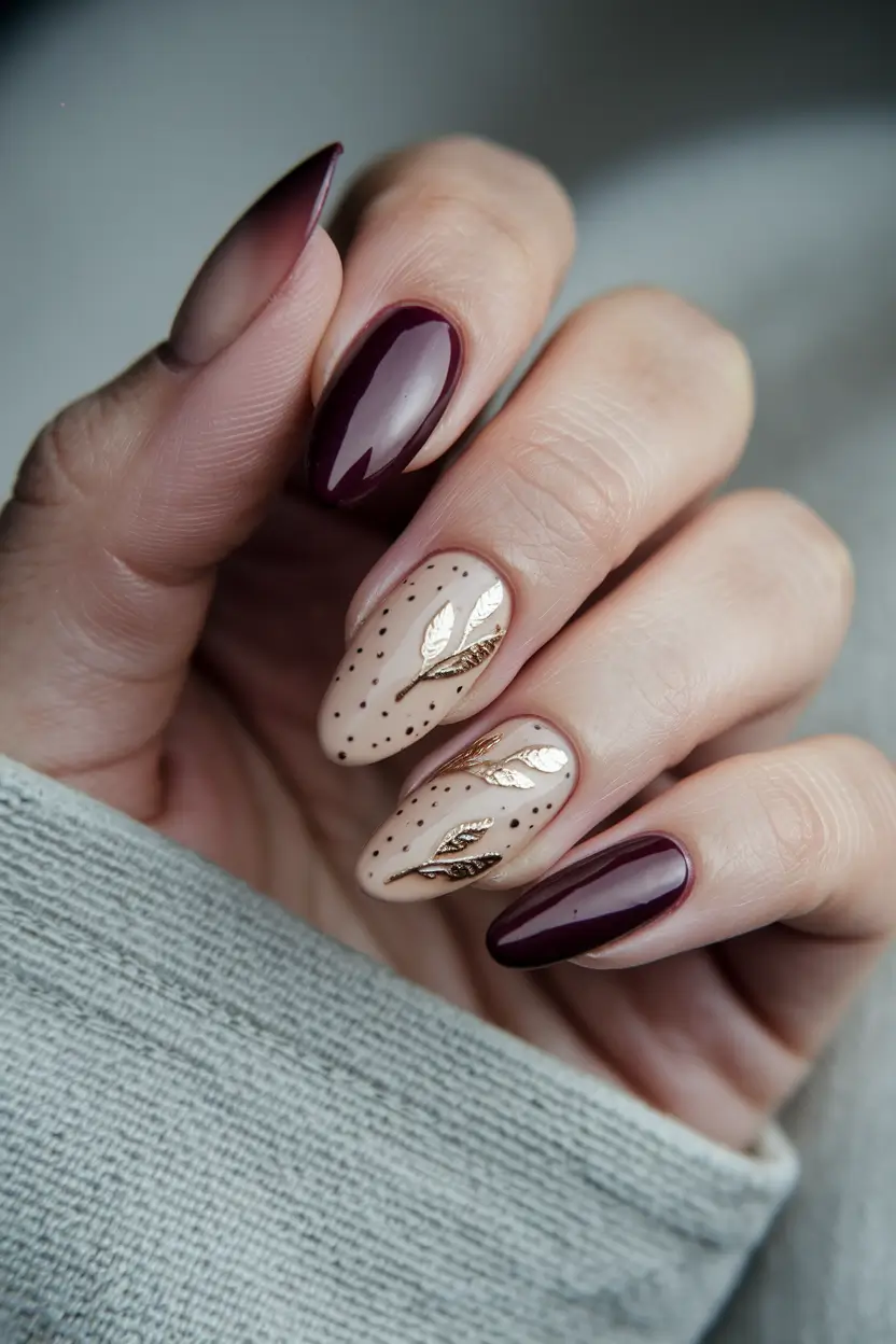 september nails designs coffin Deep Wine with Golden Leaf Embellishment