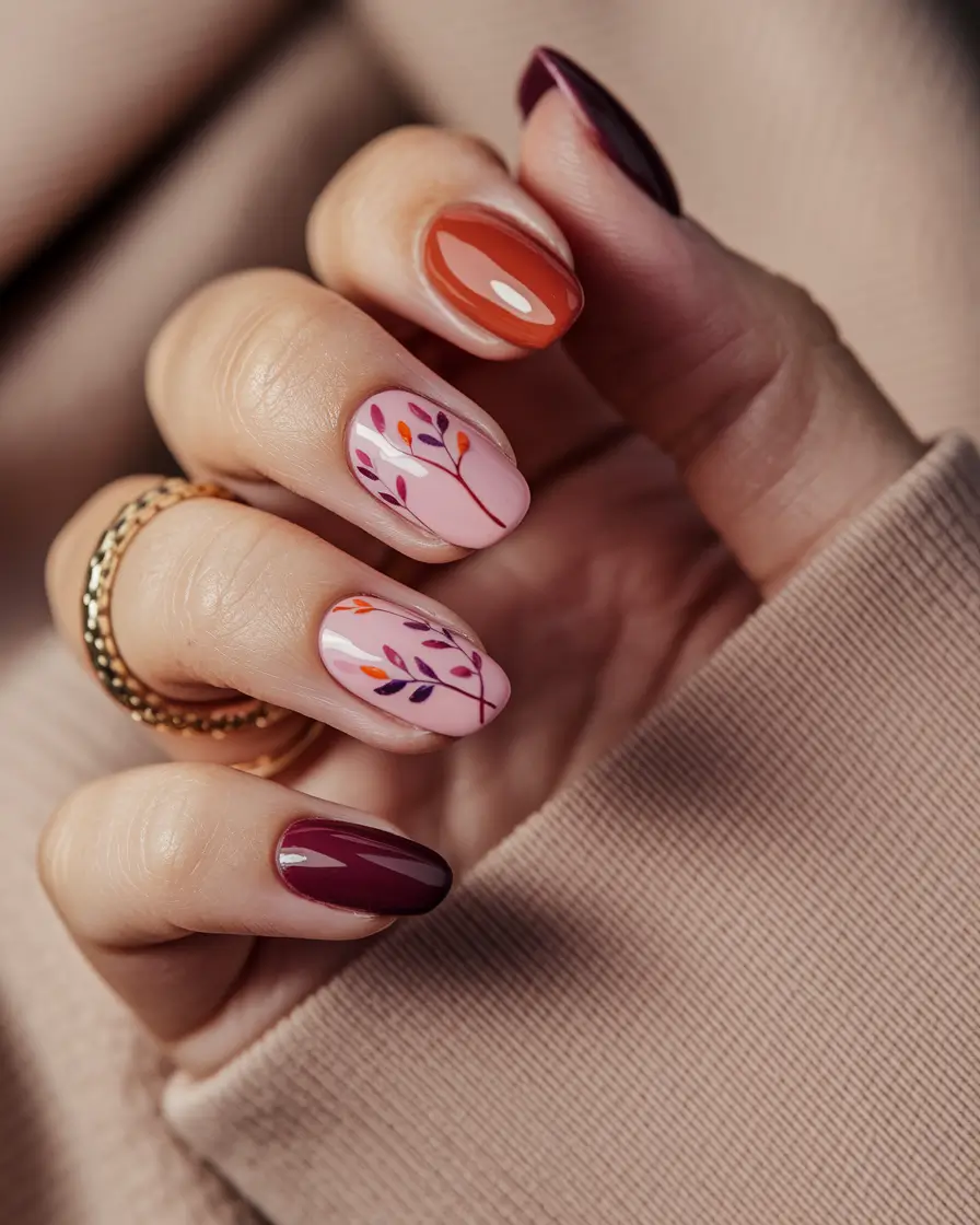september nails designs short almond Botanical Blush Meets Autumn Spice
