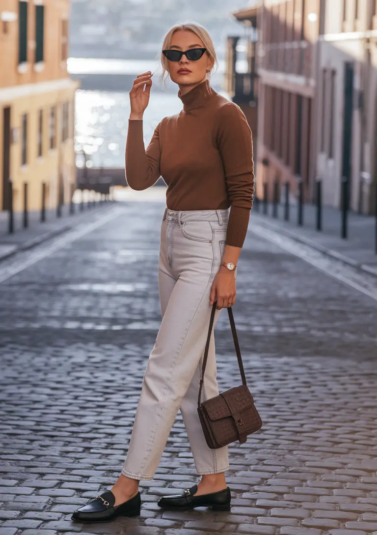 September outfits casual fall Coffee Tones with Light Denim