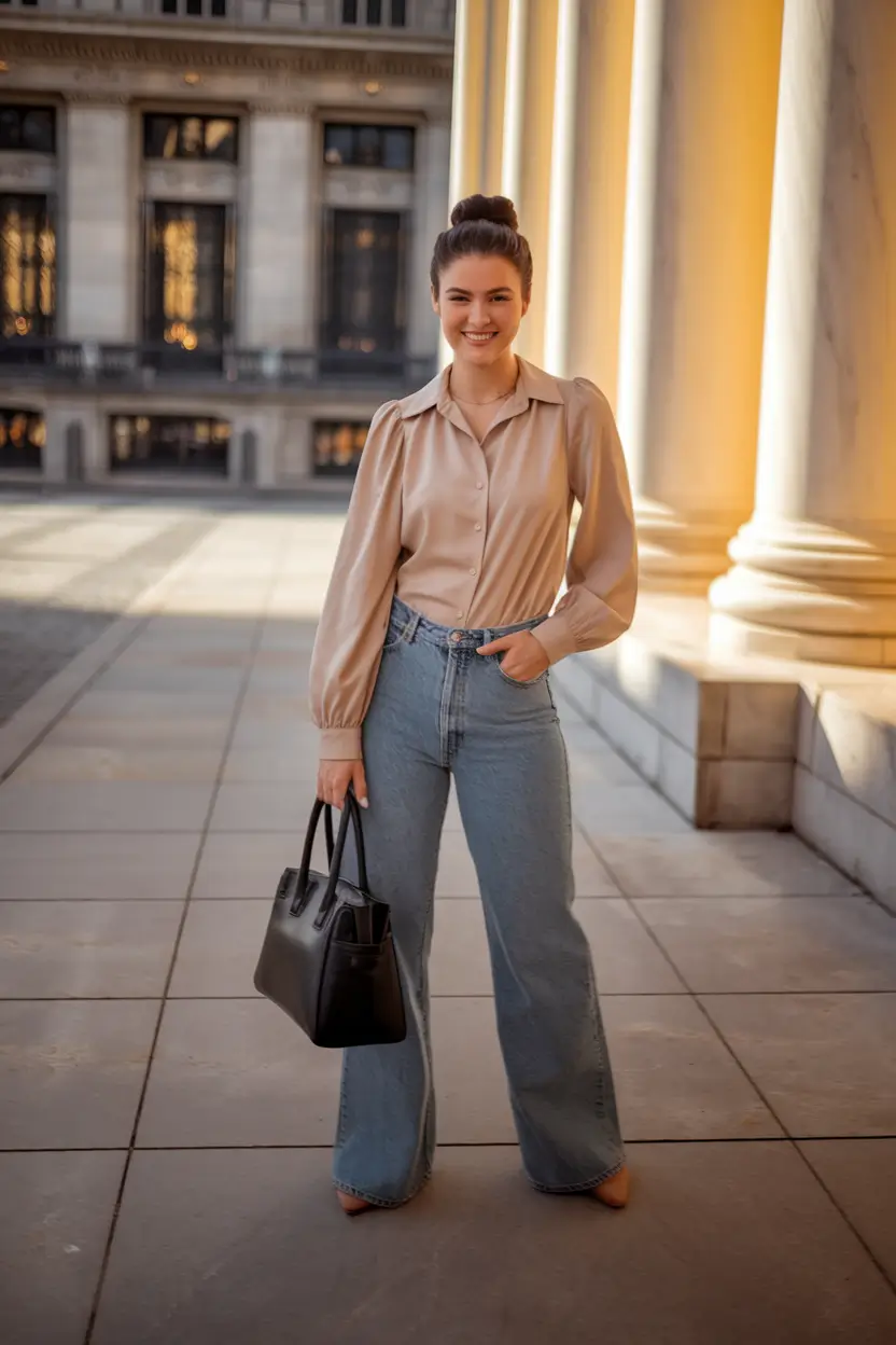 September outfits work Champagne Satin & Structured Denim