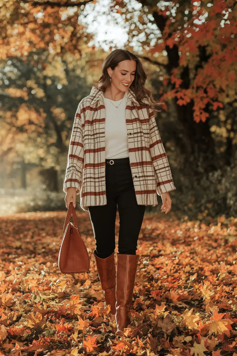 September outfits Warm Checks and Leather Layers