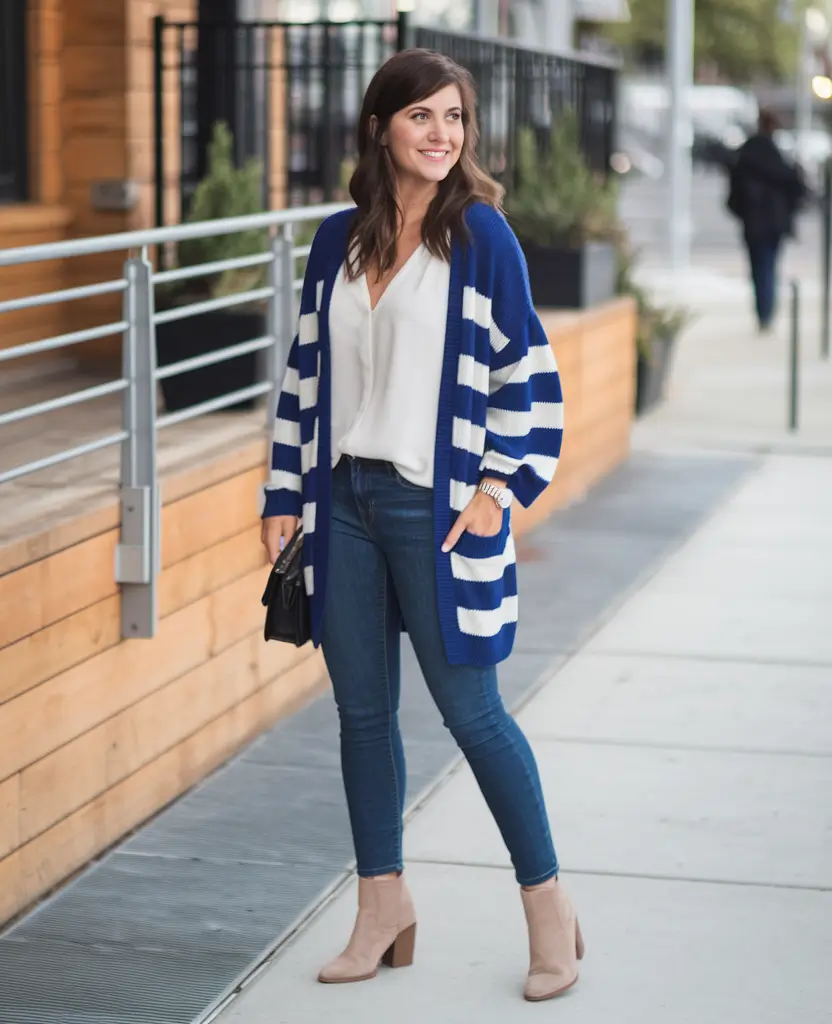September outfits casual City Cardigan Chic with Blue & White