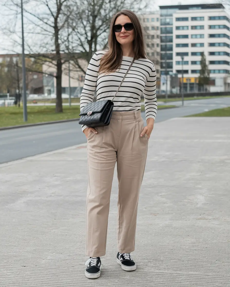 September outfits aesthetic Striped Ease with Beige Trousers