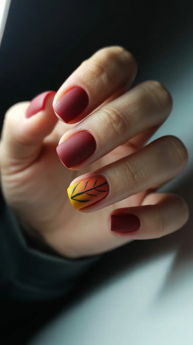 2025 Short Fall Nail Trends – Matte Cranberry With Leaf Bling