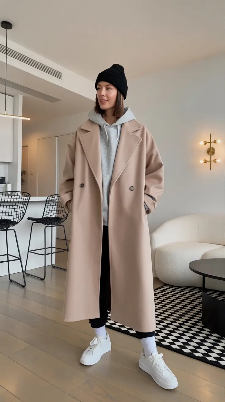Winter 2025 - 2026 Casual Outfits for Women - Camel Coat Over Hoodie - Elevated Athleisure