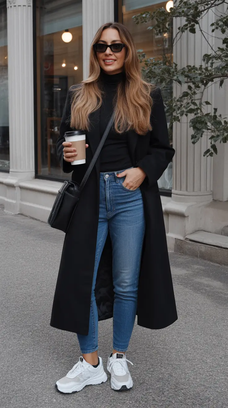Black Coat, Blue Denim, White Sneakers on a Casual Outfit