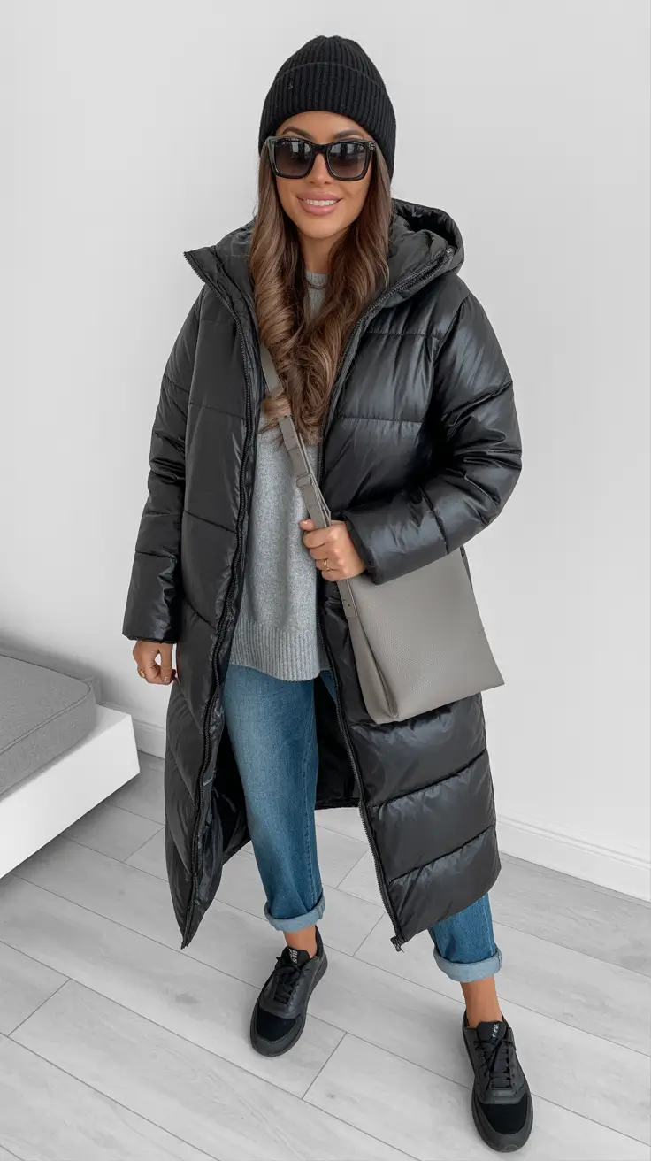 casual winter outfits for women - Long Puffer And Beanie For Brutal Temps