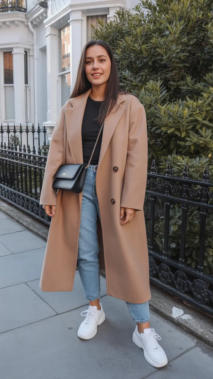 casual winter outfits for women - Camel Coat Ease With Bright Sneakers