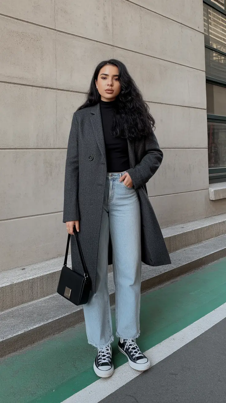 Winter 2025 - 2026 Casual Outfits for Women - Charcoal Coat, Black Turtleneck, Light Denim - City Classic
