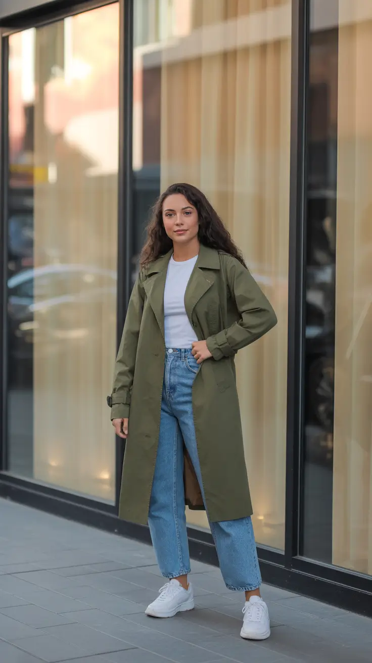 Winter 2025 - 2026 Casual Outfits for Women - Olive Trench, Crisp Tee, and Roomy Denim - Soft Utility