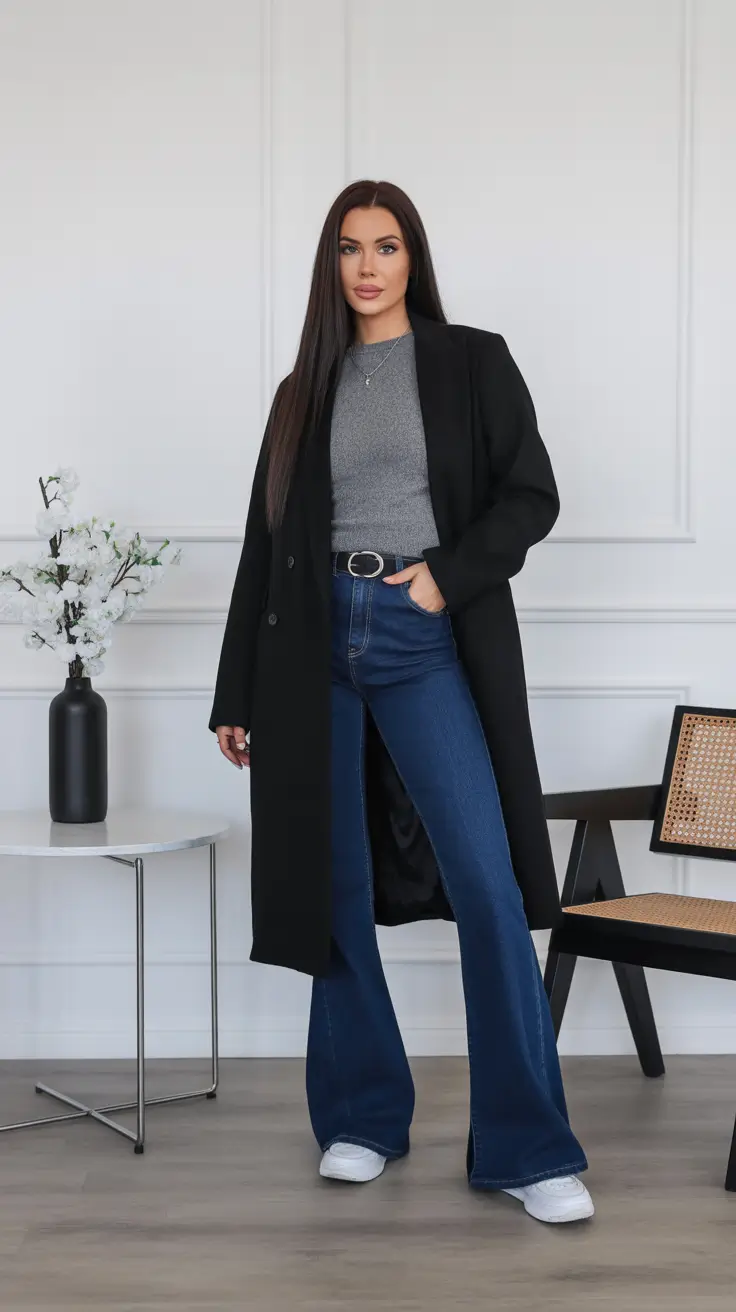 Winter 2025 - 2026 Casual Outfits for Women - Long Black Coat, Grey Knit, Flared Denim - Polished Casual