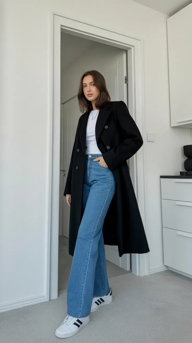 Winter 2025 - 2026 Casual Outfits for Women - Double-Breasted Coat, White Tee, and Retro Sneakers - Minimalist Ease