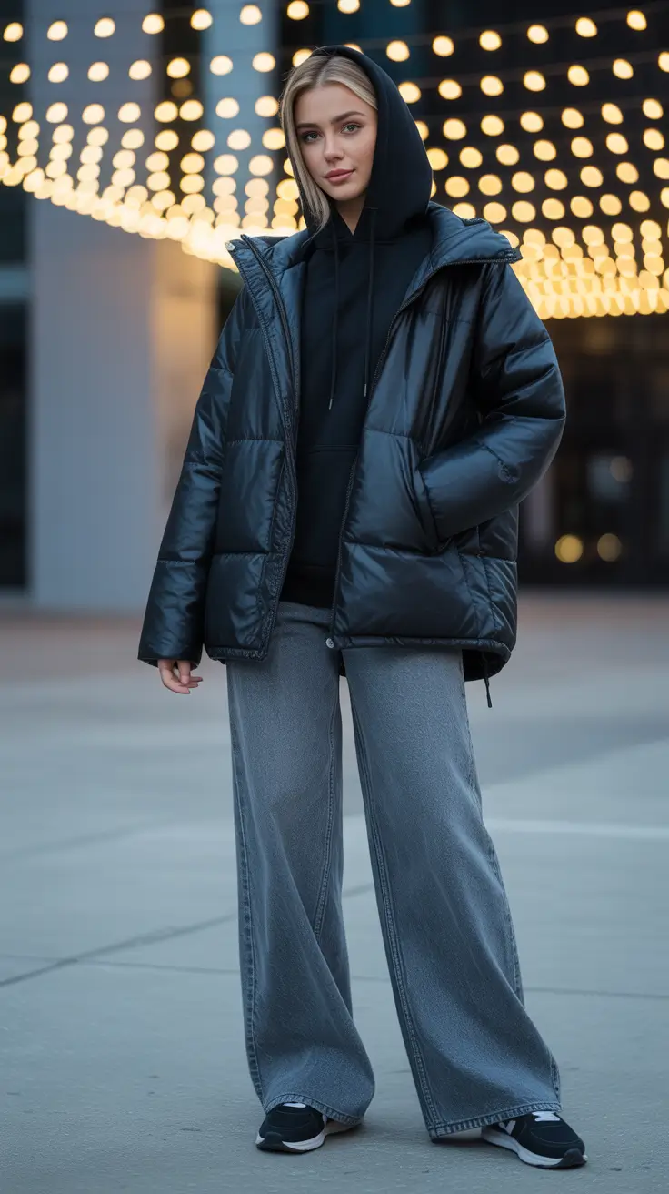 casual winter outfits for women - Puffer And Hoodie, City Walking Energy