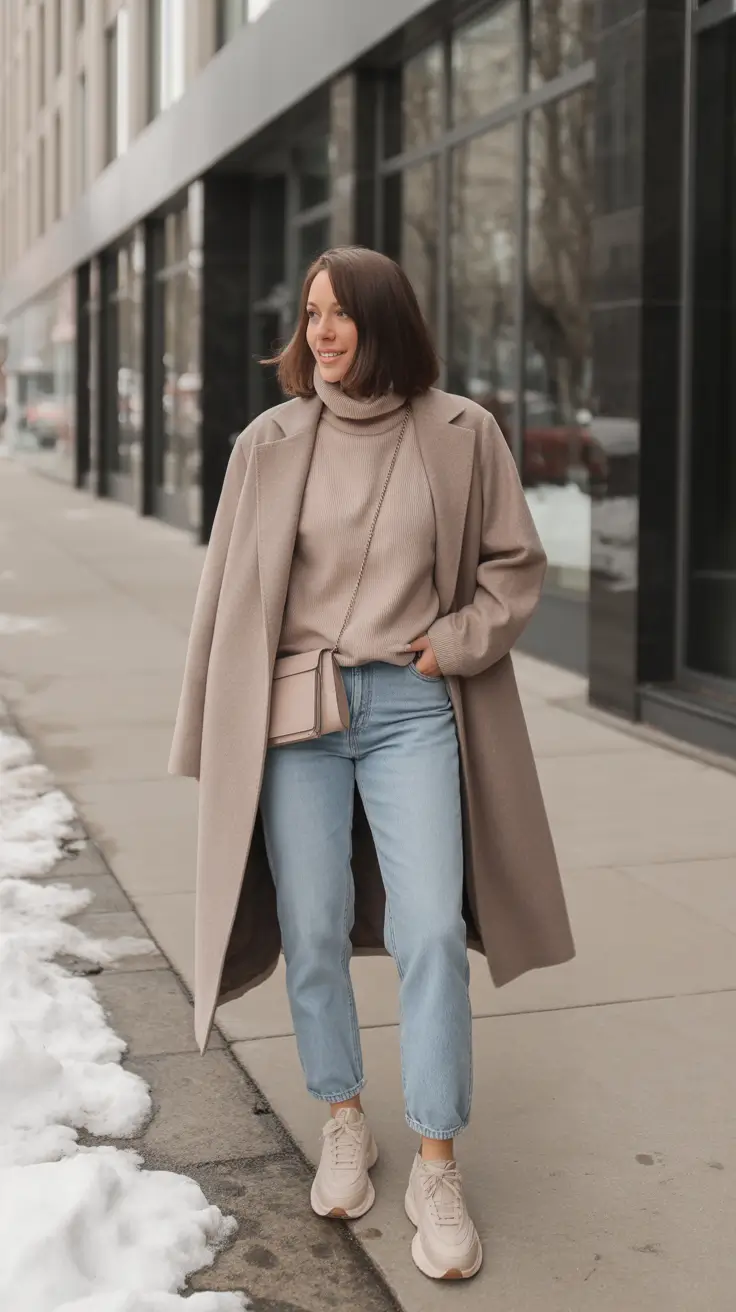 Winter 2025 - 2026 Casual Outfits for Women - Tonal Taupe Coat, Ribbed Turtleneck, Pale Denim - Cozy Neutrals