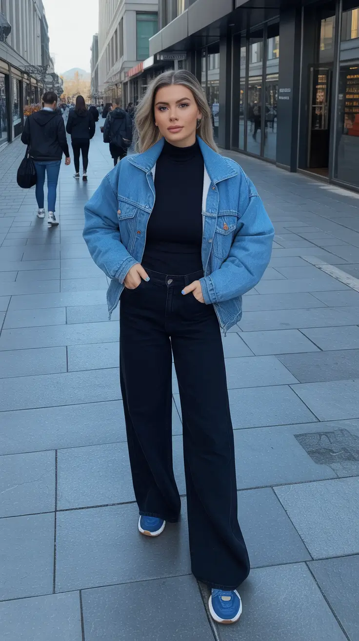 Winter 2025 - 2026 Casual Outfits for Women - Denim Jacket, Black Turtleneck, Wide-Leg Black Denim - Sport Street Energy