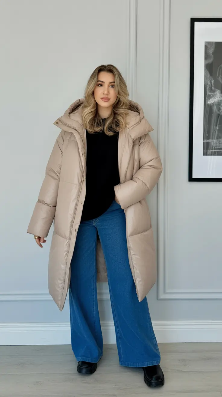 Winter 2025 - 2026 Casual Outfits for Women - Beige Puffer, Wide-Leg Denim, and Chunky Boots - Warmth With Ease
