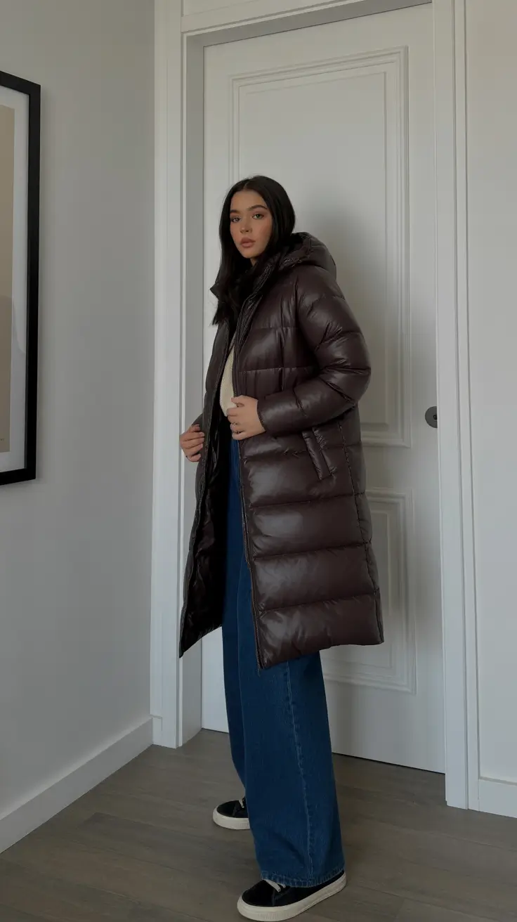Winter 2025 - 2026 Casual Outfits for Women - Glossy Cocoa Puffer With Cream Knit - Sporty Minimalist