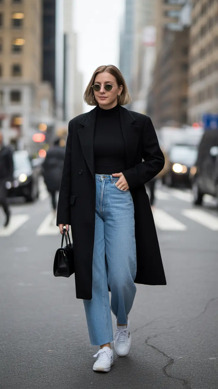 Winter 2025 - 2026 Casual Outfits for Women - Black Coat and White Sneakers - Street-Polished All Day