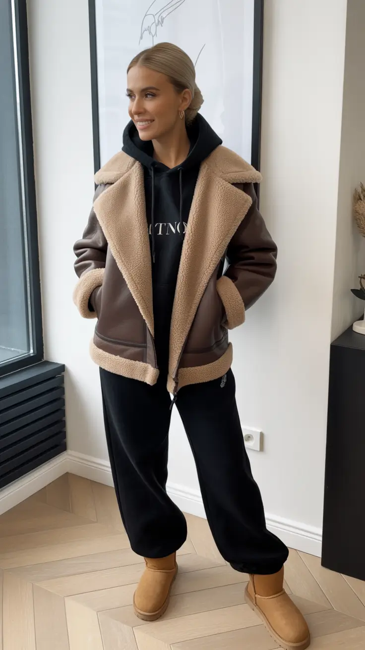 Comfy Winter Outfits 2025 2026 Style Ideas - Shearling Aviator With Hoodie, Wide Joggers, And Mini Boots