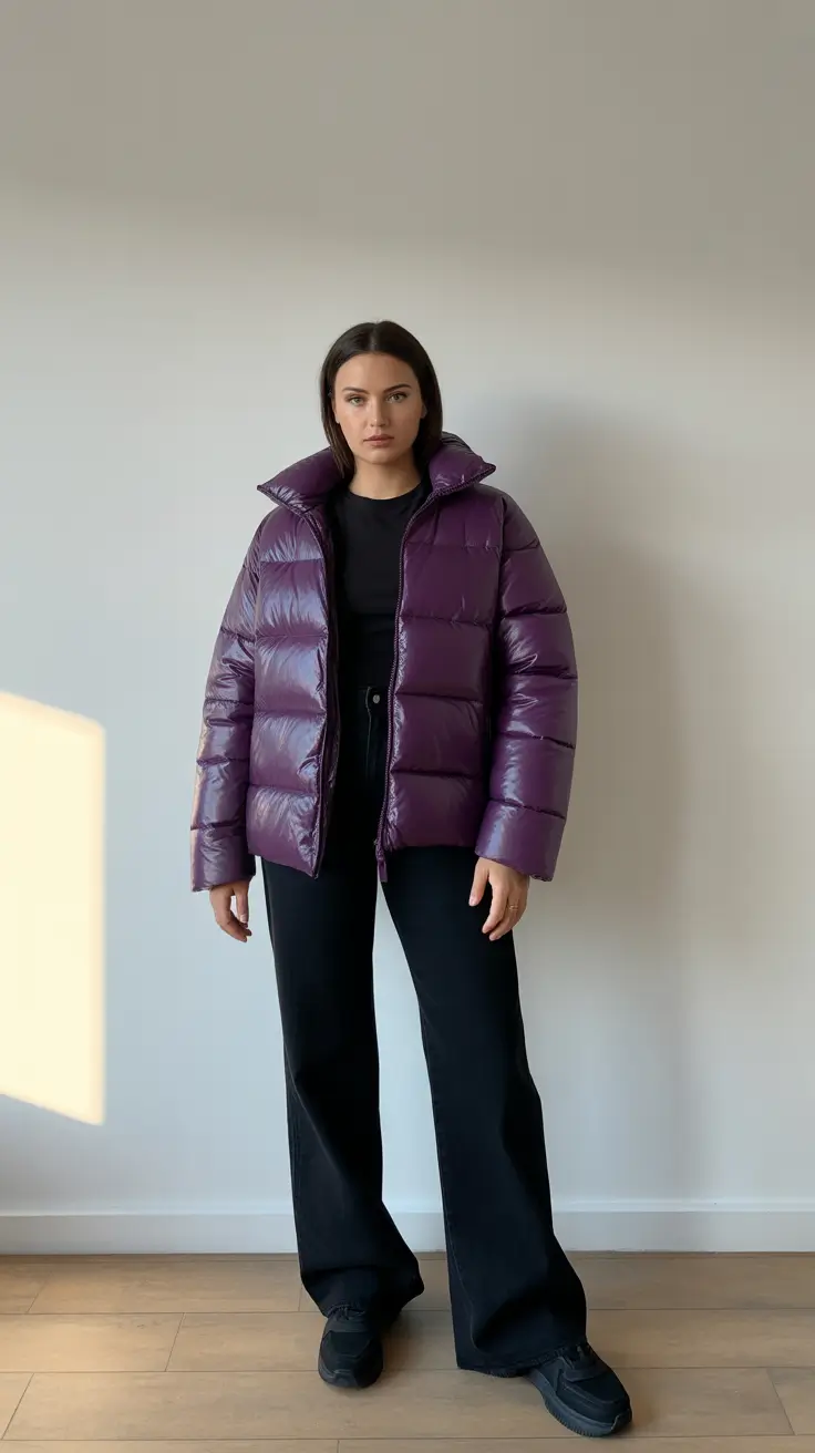 Comfy Winter Outfits 2025 2026 Style Ideas - Glossy Plum Puffer With All-Black Foundations