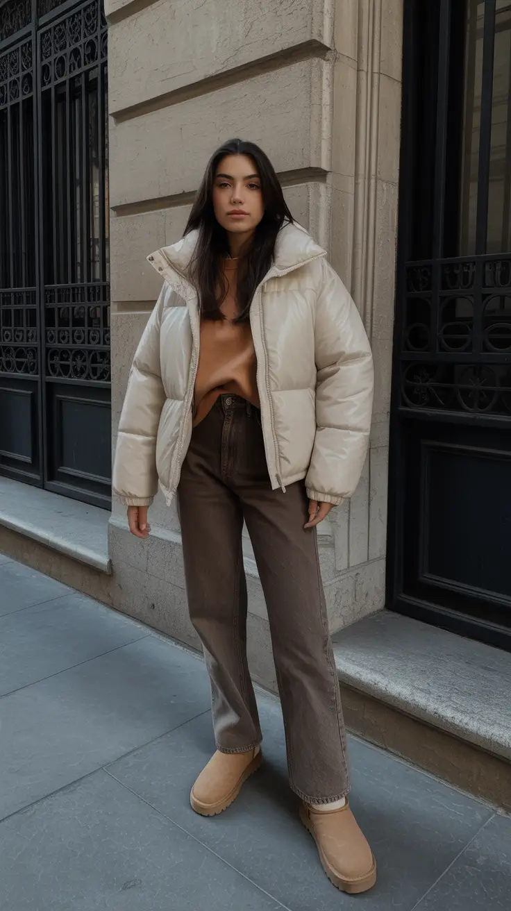 Comfy Winter Outfits 2025 2026 Style Ideas - Ivory Puffer, Toffee Knit, And Cocoa Denim