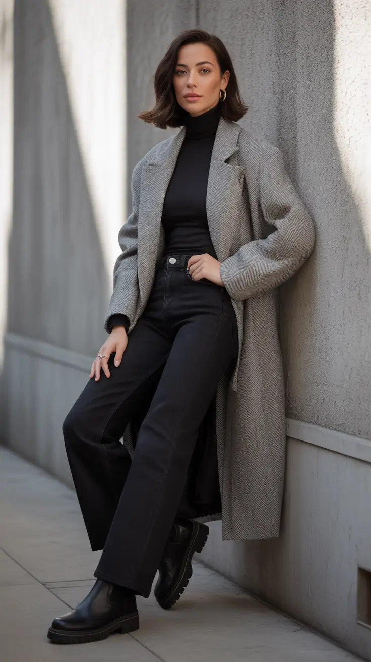 Comfy Winter Outfits 2025 2026 Style Ideas - Herringbone Coat Over Black Turtleneck And Clean Denim
